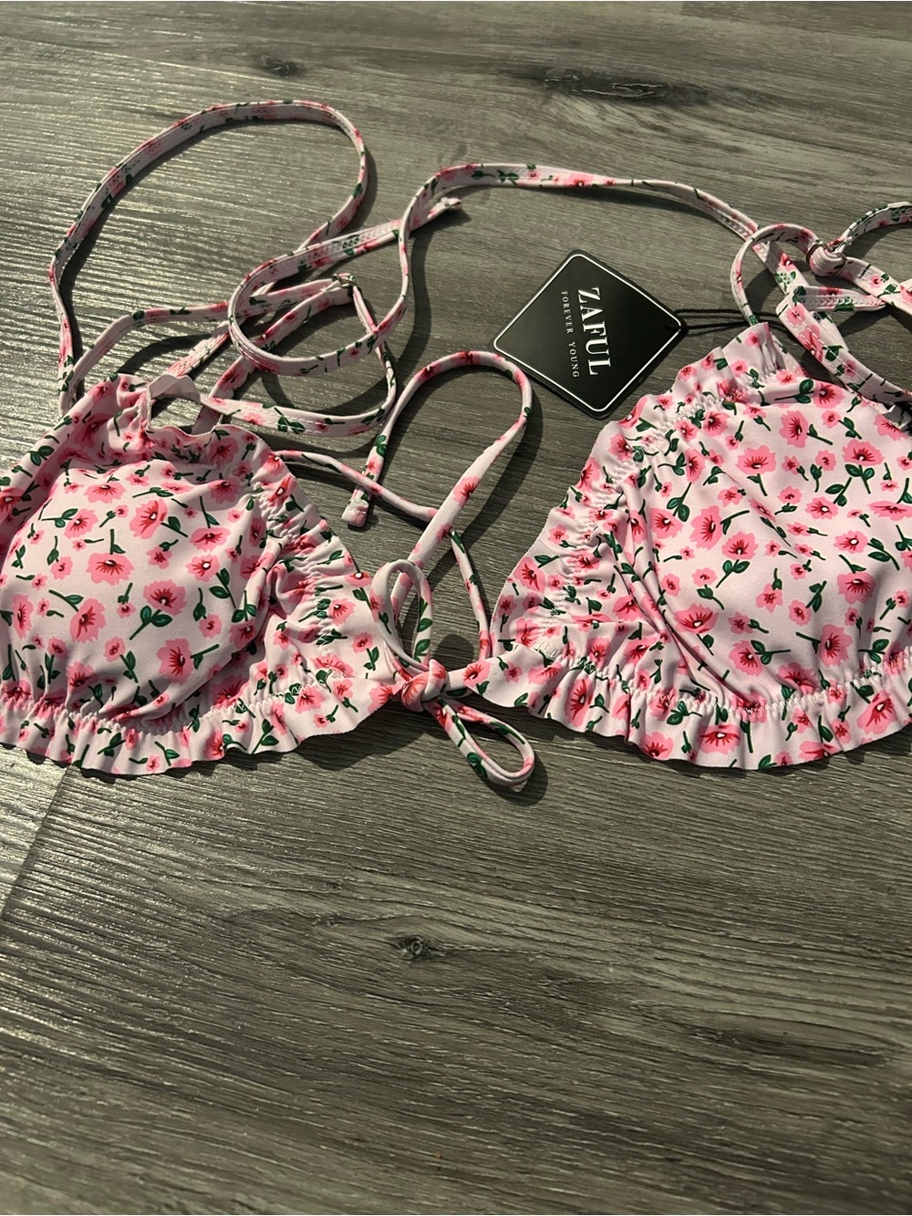 Zaful Pink Floral Ruffle Triangle Bikini Top with Green Accents